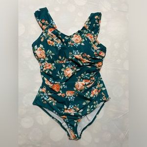 Floral one piece bathing suit.